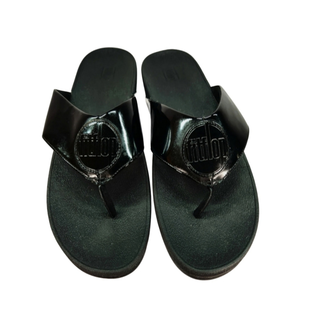 FitFlop Delmerzo Black Patent Thong Sandals Size 7